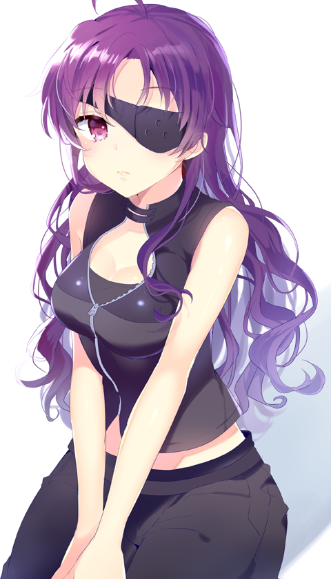 1girl, bare_shoulders, breasts, cleavage, eyepatch, long_hair, looking_at_viewer, midriff