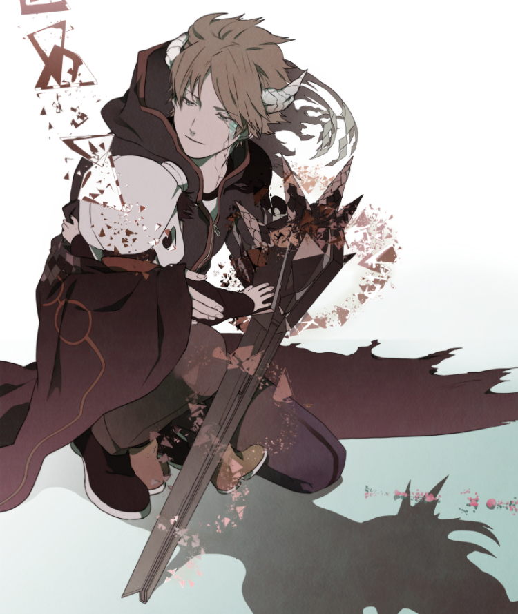2boys, 318pecco, arm_around_shoulder, bangs, black_hair, boots, brown_boots, brown_hair, cape, child, crack, dissolving, gradient, gradient_background, hand_on_another's_arm, hat, holding, holding_weapon, horns, hyuse, light_smile, long_sleeves, looking_at_another, male_focus, multiple_boys, one_knee, outstretched_arms, pants, rindou_youtarou, shadow, triangle, white_hat, world_trigger, zipper