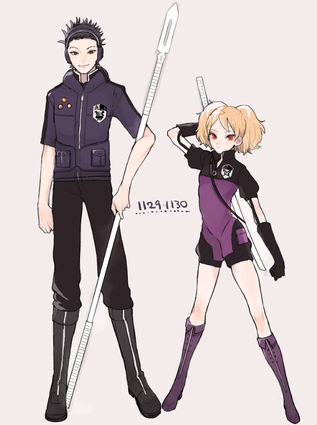 1boy, 1girl, arm_at_side, arm_up, badge, bangs, birthday, black_boots