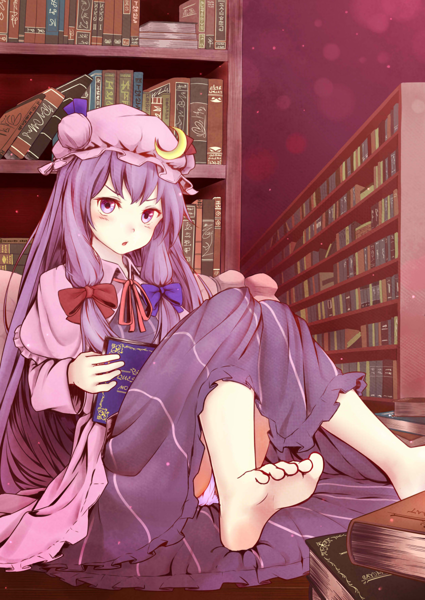 1girl, :o, absurdres, barefoot, blue_bow, blue_ribbon, blush, book
