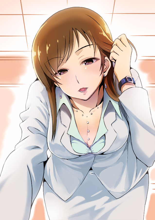 1girl, adjusting_hair, amari_yuki, breasts, brown_eyes, brown_hair, cleavage, idolmaster