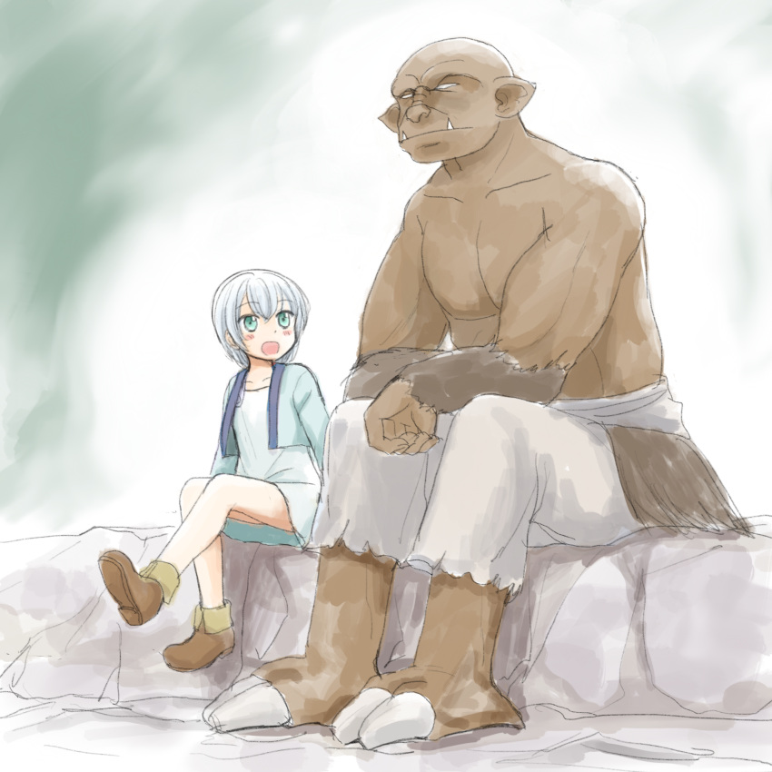 1boy, 1girl, bald, bangs, boots, comic, fangs, fantasy, hair_between_eyes, highres, jacket, orc, original, shimazaki_mujirushi, sitting, topless, white_hair