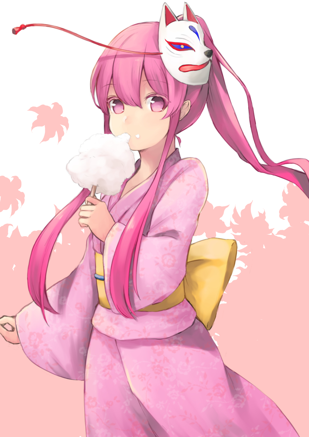 1girl, alternate_costume, alternate_hairstyle, cotton_candy, expressionless, floral_print, fox_mask, hata_no_kokoro