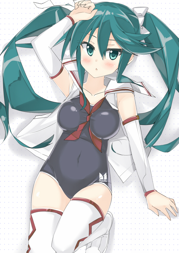 1girl, boots, breasts, competition_swimsuit, detached_sleeves, green_eyes, green_hair, hair_ribbon