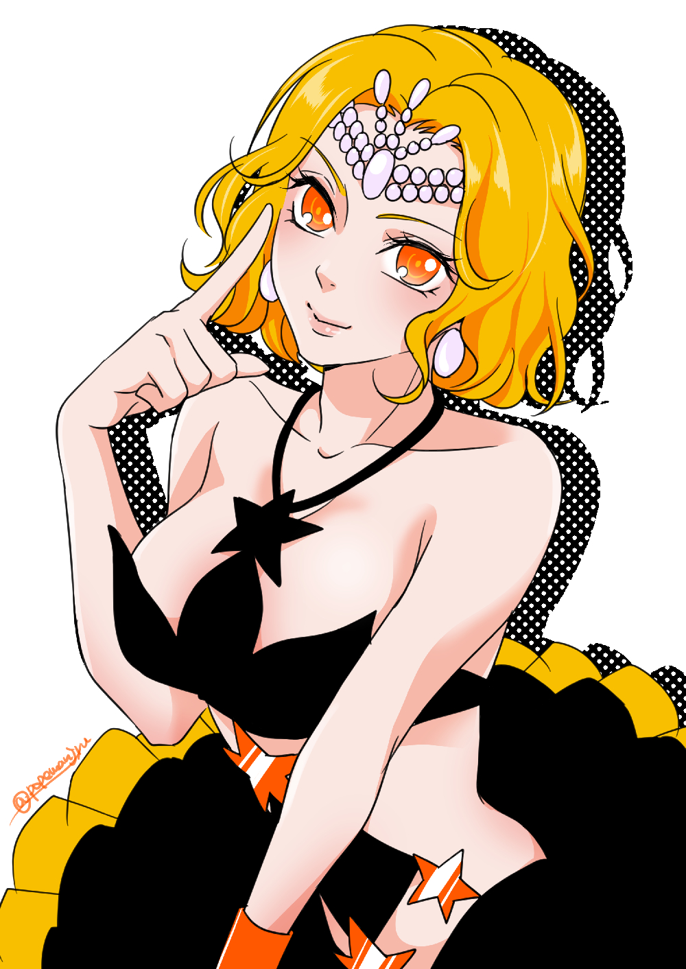 1girl, bishoujo_senshi_sailor_moon, black_skirt, blonde_hair, circlet, collarbone, cowboy_shot, highres, looking_at_viewer, mana0311, mimete_(sailor_moon), orange_eyes, short_hair, skirt, smile, solo, star, twitter_username, white_background, witches_5