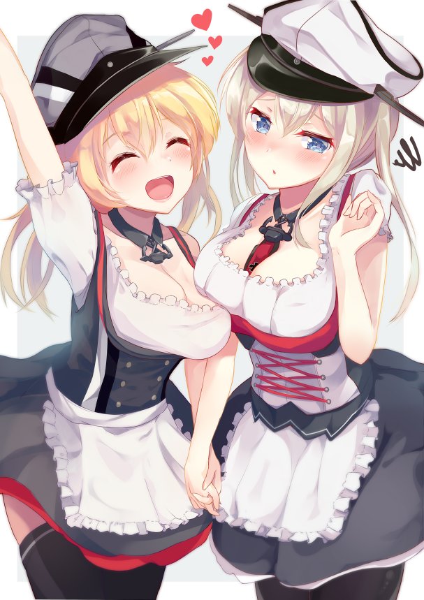 2girls, :d, :o, ^_^, adapted_costume, apron, arm_up, black_legwear