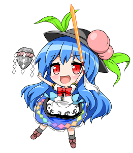 1girl, :d, ankle_boots, arms_up, black_hat, blue_hair, blue_skirt, blush, boots, bow, bowtie, brown_boots, chibi, floating_object, food, fruit, hat, hinanawi_tenshi, holding, holding_sword, holding_weapon, honda_takaharu, long_hair, lowres, open_mouth, peach, puffy_short_sleeves, puffy_sleeves, rainbow_order, red_bow, red_bowtie, red_eyes, shirt, short_sleeves, simple_background, skirt, smile, solo, sword, sword_of_hisou, touhou, very_long_hair, weapon, white_background, white_shirt
