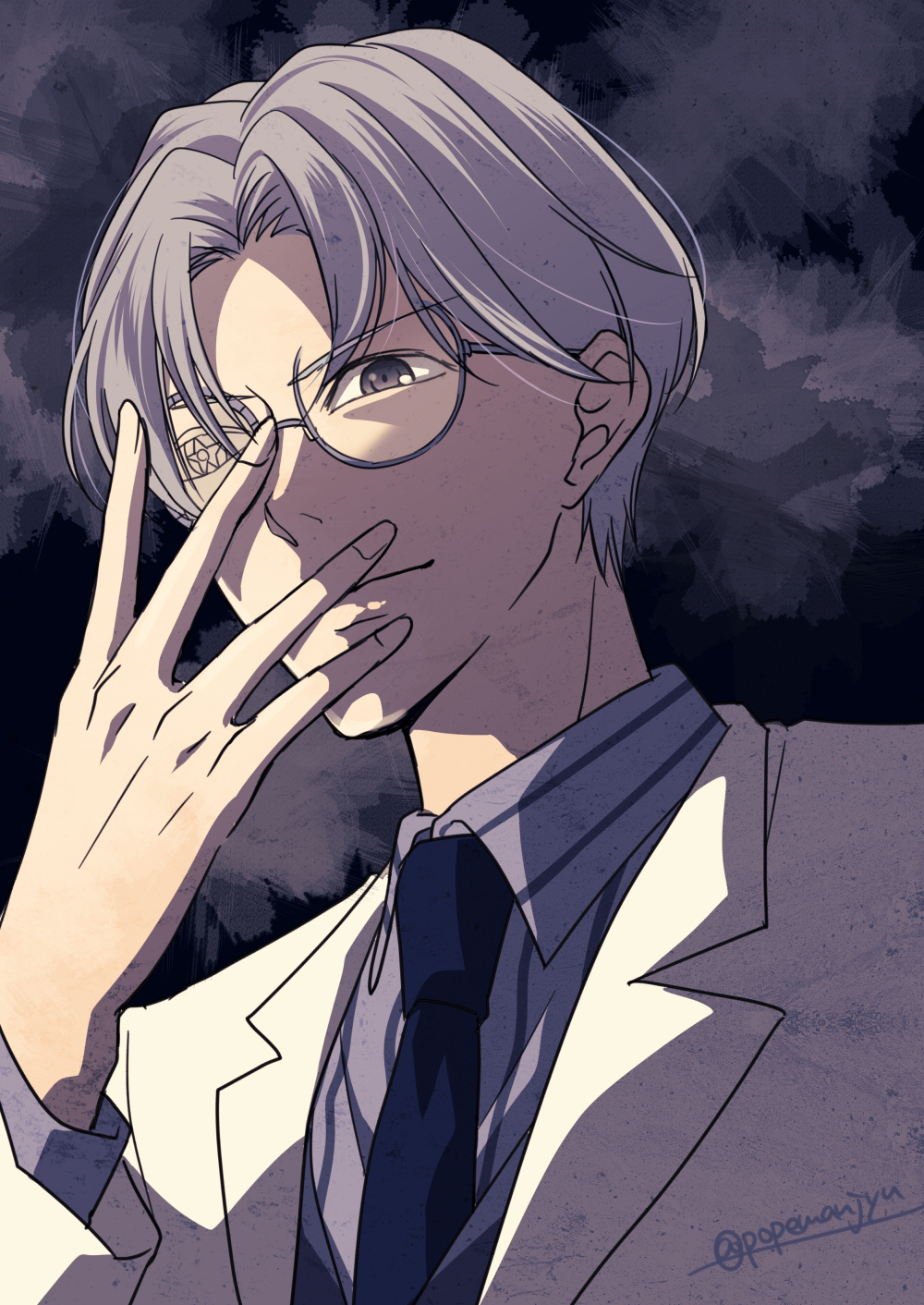 1boy, adjusting_glasses, bishoujo_senshi_sailor_moon, glasses, grey_eyes, grey_hair, highres, looking_at_viewer