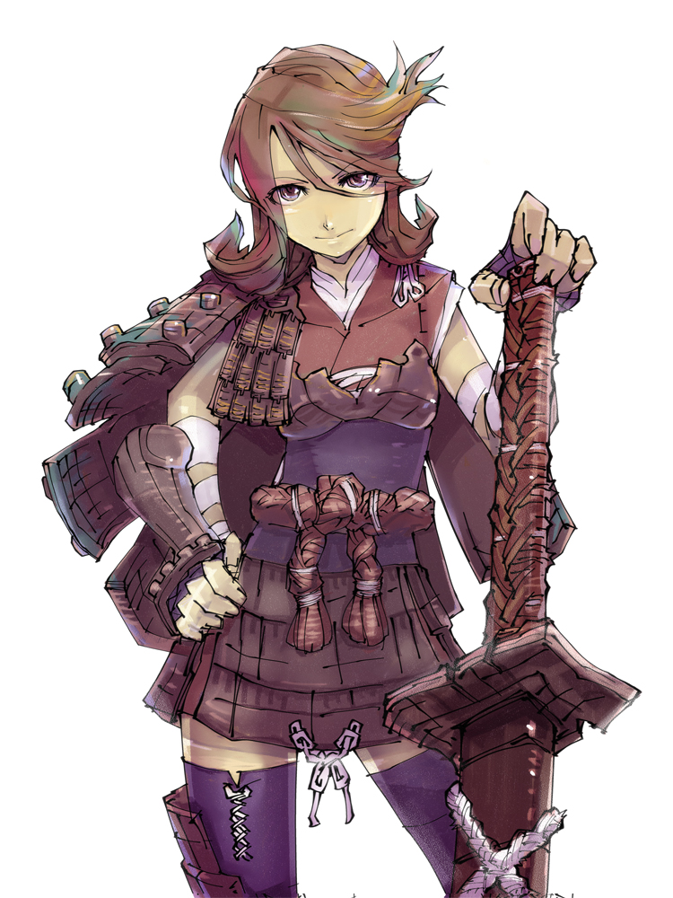 brown_hair, fantasy, fictional_persona, hand_on_hip, japanese_clothes, katana, kimono, kote