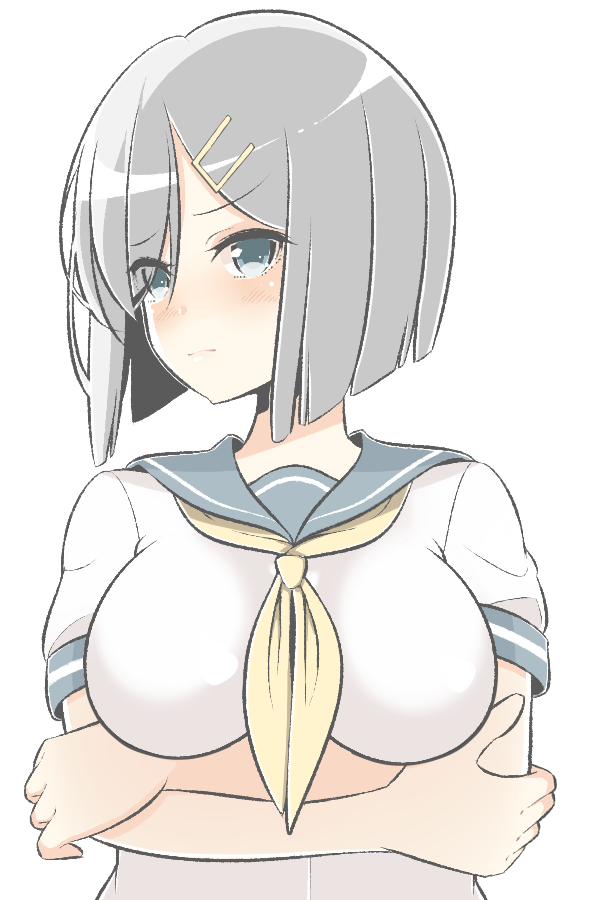1girl, blue_eyes, blush, breasts, commentary_request, crossed_arms, eyes_visible_through_hair, hair_ornament
