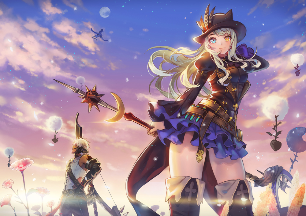 0910popo, 1boy, 1girl, arm_at_side, arm_up, ass_visible_through_thighs, au_ra, backlighting