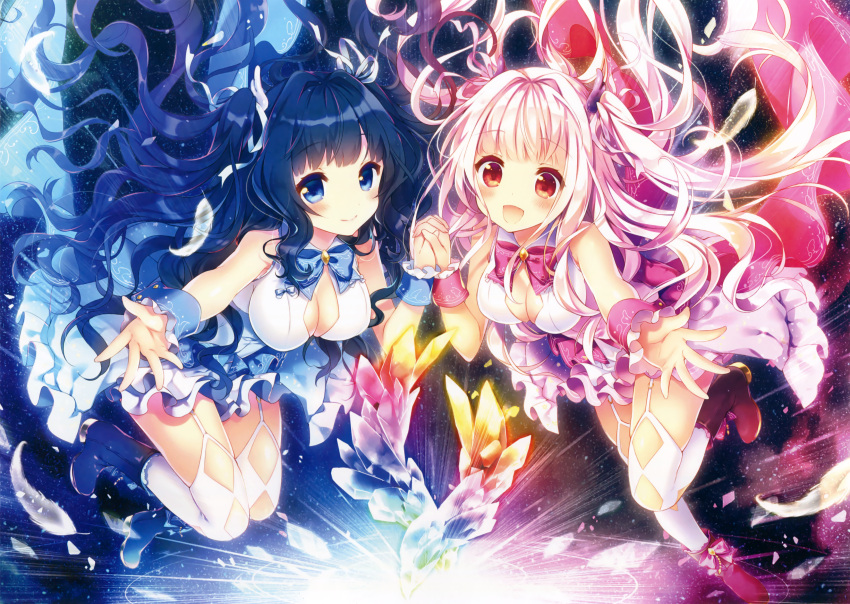 2girls, :d, absurdres, bangs, bare_shoudlers, black_hair, blue_eyes, blush