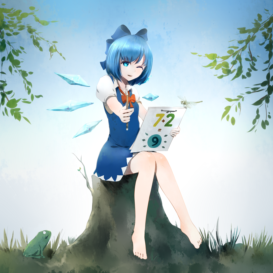 (9), 1girl, blue_dress, blue_eyes, blue_hair, bow, cirno, dragonfly