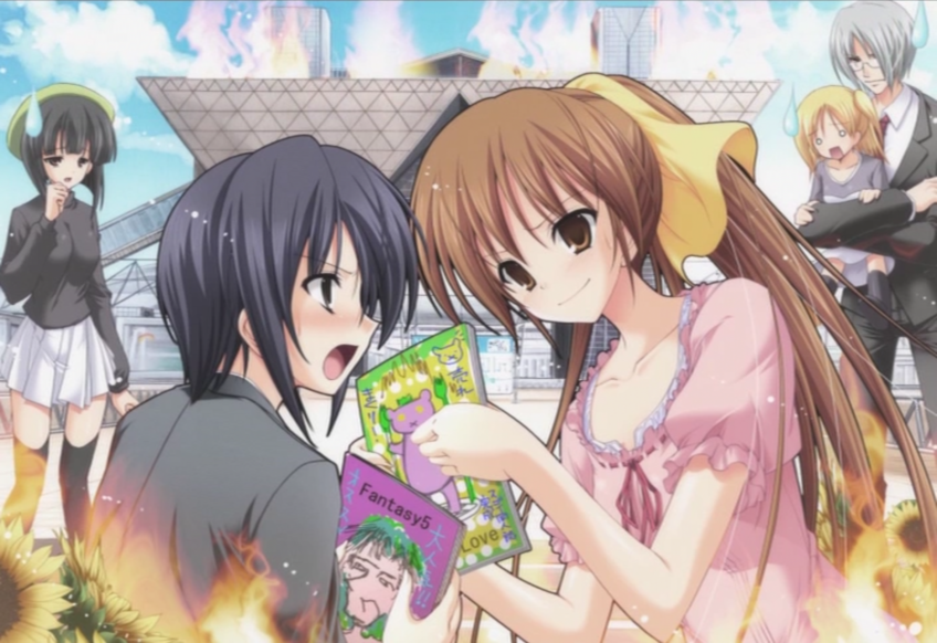 1boy, 4girls, comiket, doujin_work, justice_(doujin_work), kitano_sora, misakura_nankotsu, multiple_girls