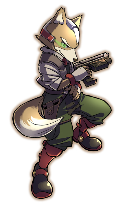 1boy, fox_mccloud, furry, gloves, green_eyes, gun, head_mounted_display, homa_kura, male_focus, nintendo, smile, solo, star_fox, starfox, tail, weapon