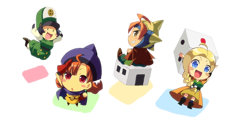1boy, 3girls, ahoge, alena_(dq4), bianca, blonde_hair, blue_eyes, brown_eyes, clift, dragon_quest, dragon_quest_iv, dragon_quest_v, earrings, enoo, gloves, hands_on_hips, hat, itadaki_street, jewelry, long_hair, looking_at_viewer, multiple_girls, orange_hair, short_hair, simple_background, smile