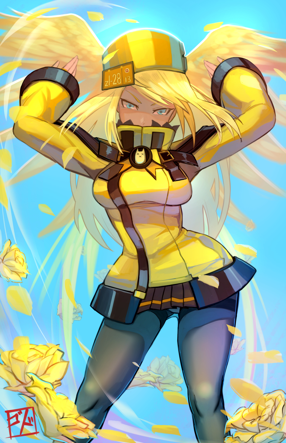 1girl, black_legwear, blonde_hair, blue_eyes, breasts, covered_mouth, cowboy_shot, flower