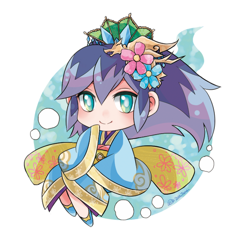 1girl, aqua_eyes, fubukihime, full_body, hair_ornament, long_hair, lowres, multicolored_hair, ponytail, sangokushi, simple_background, sleeves_past_wrists, smile, solo, two-tone_hair, wagahaihapan, white_background, xiao_qiao, xiao_qiao_(cosplay), youkai, youkai_sangokushi, youkai_watch