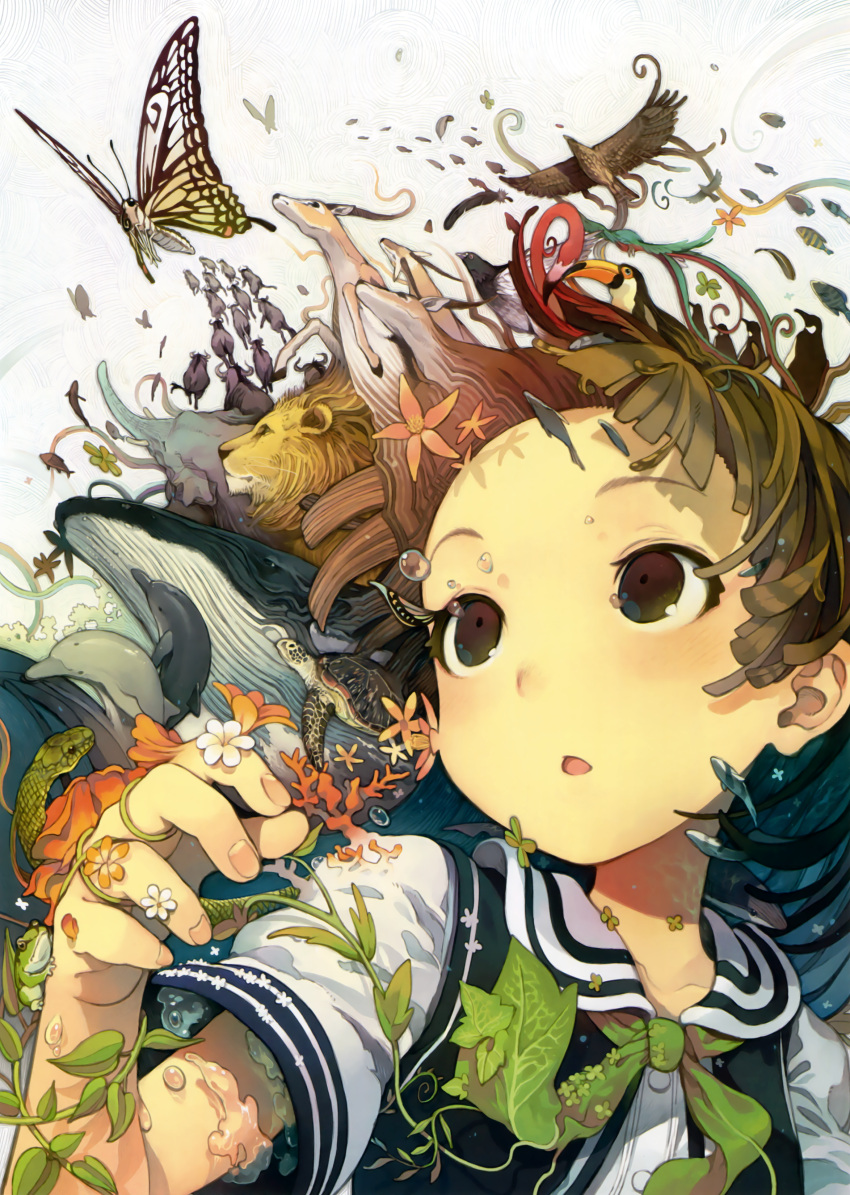 1girl, absurdres, bird, blush, brown_eyes, brown_hair, butterfly, coral