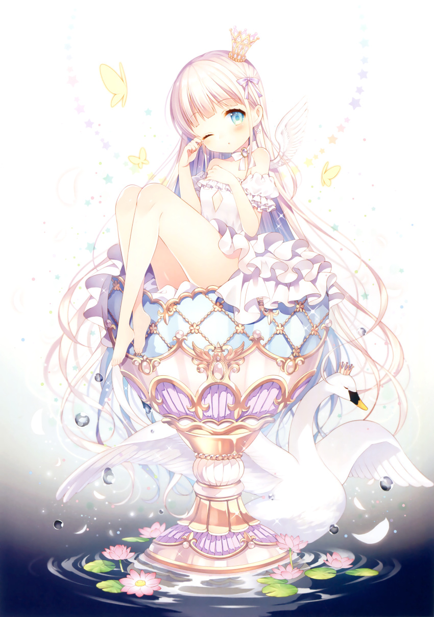 1girl, :o, absurdres, barefoot, bird, blonde_hair, blue_eyes, blush