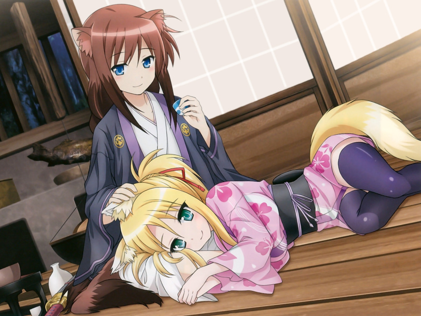 2girls, alcohol, animal_ears, blonde_hair, blue_eyes, blush, braid, brioche_d'arquien