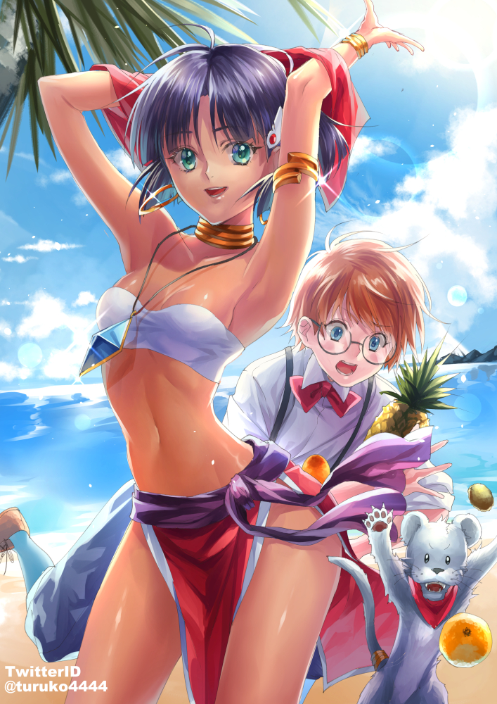 1boy, 1girl, aqua_eyes, armband, armpits, arms_up, black_hair, blue_eyes