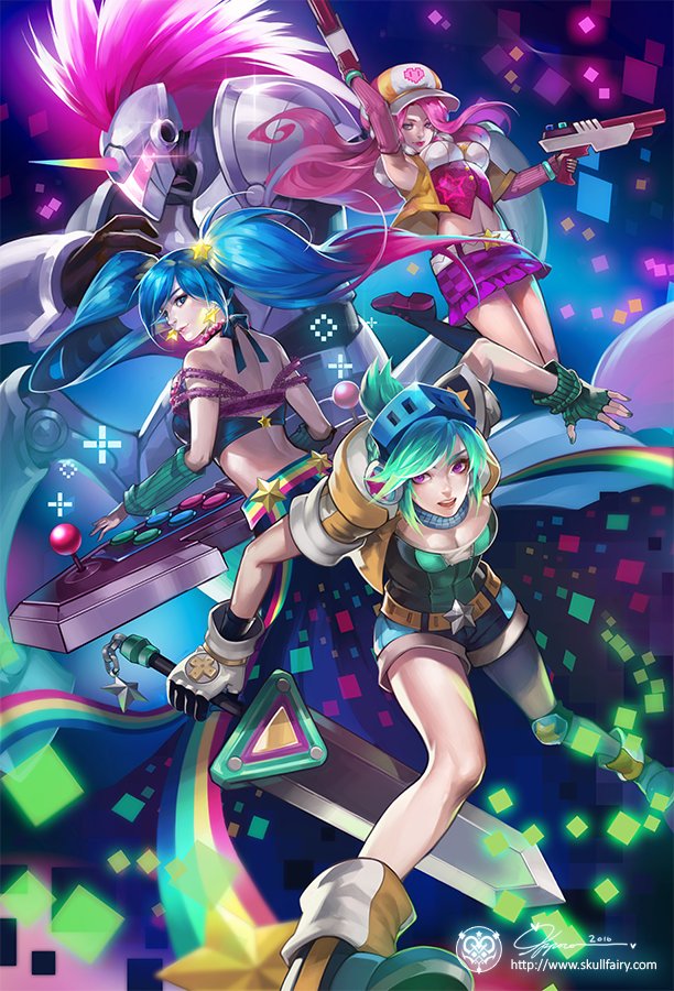 3girls, arcade_hecarim, arcade_miss_fortune, arcade_riven, arcade_sona, arcade_stick, blue_hair, collection