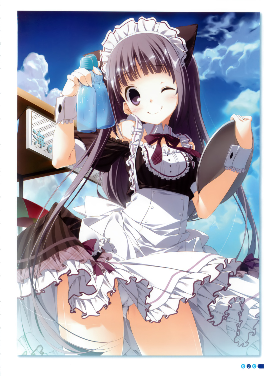 1girl, absurdres, ass_visible_through_thighs, ayugase_tsukiko, beach_umbrella, black_hair, blush, closed_mouth, clouds, highres, himawari_no_kyoukai_to_nagai_natsuyasumi, holding_bottle, kagome_(traumatize), long_hair, maid_headdress, one_eye_closed, page_number, panties, ramune, scan, shirt, skirt, sky, smile, solo, tray, umbrella, underwear, very_long_hair, violet_eyes, white_panties, wrist_cuffs