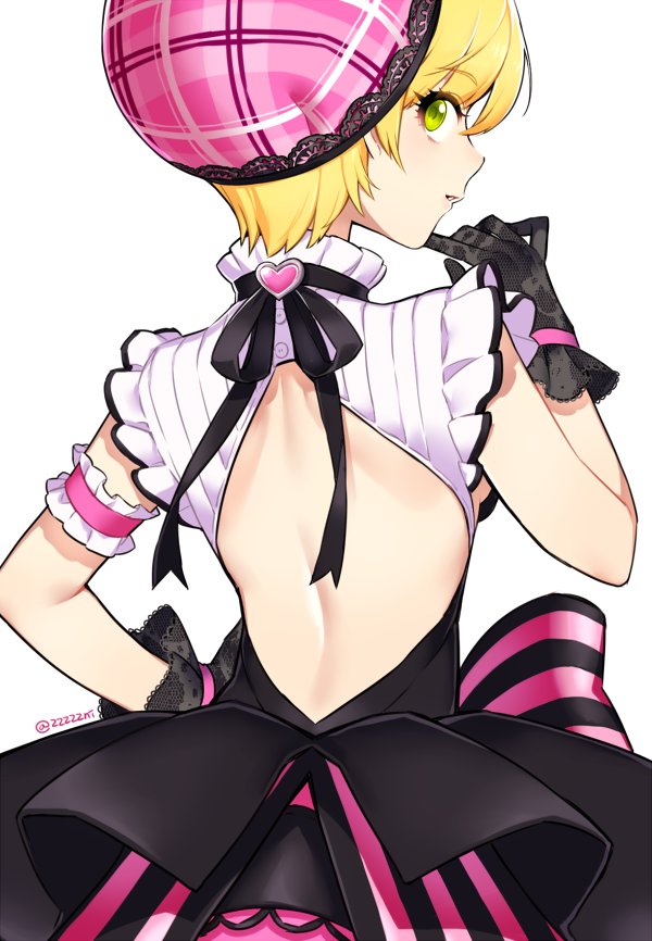 1girl, arm_garter, artist_name, back, back_cutout, bare_arms, black_dress, black_gloves