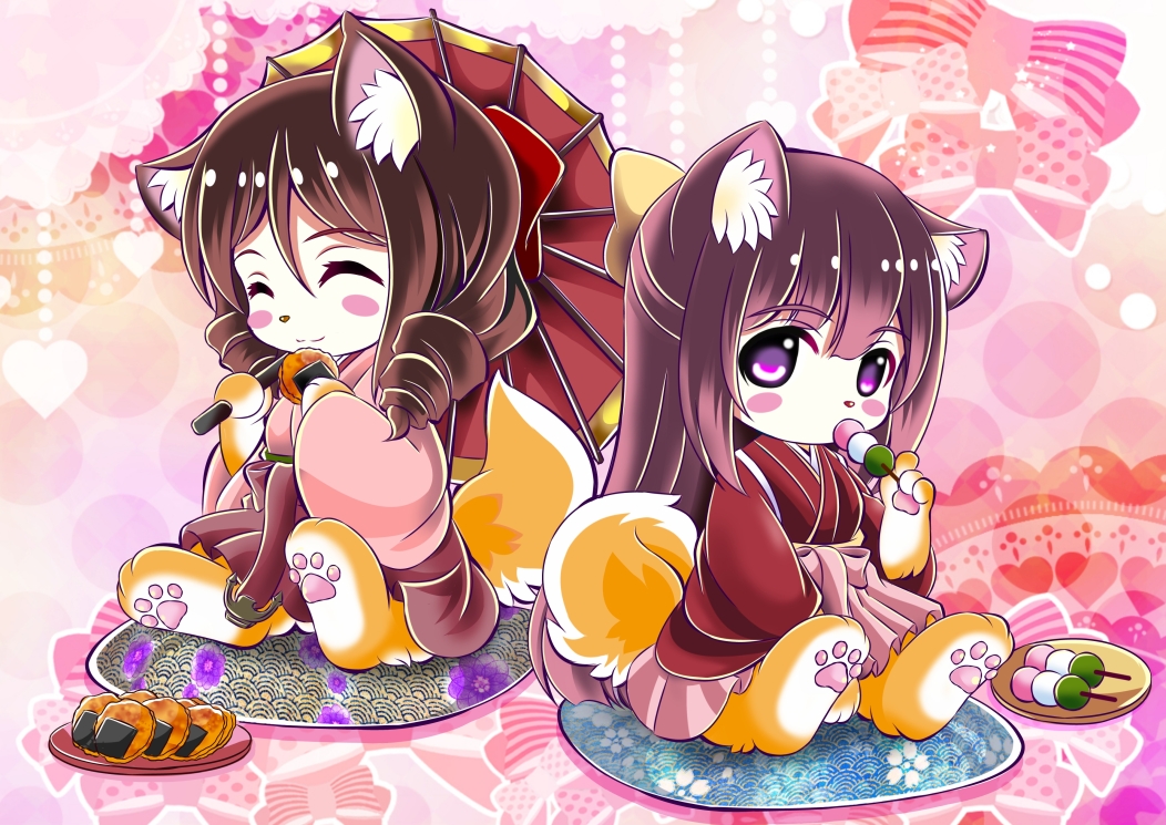 2girls, ^_^, aka_kitsune, blush, blush_stickers, brown_hair, chibi, closed_eyes, closed_mouth, cooke, cookie, dango, drill_hair, eating, eyebrows, eyebrows_visible_through_hair, food, full_body, furry, hair_between_eyes, hakama_skirt, harukaze_(kantai_collection), holding, holding_food, holding_umbrella, japanese_clothes, kamikaze_(kantai_collection), kantai_collection, kimono, long_sleeves, looking_at_viewer, multiple_girls, nontraditional_miko, parasol, paws, pink_skirt, plate, pleated_skirt, purple_hair, sitting, skirt, smile, sweets, tareme, twin_drills, umbrella, violet_eyes, wagashi, wide_sleeves