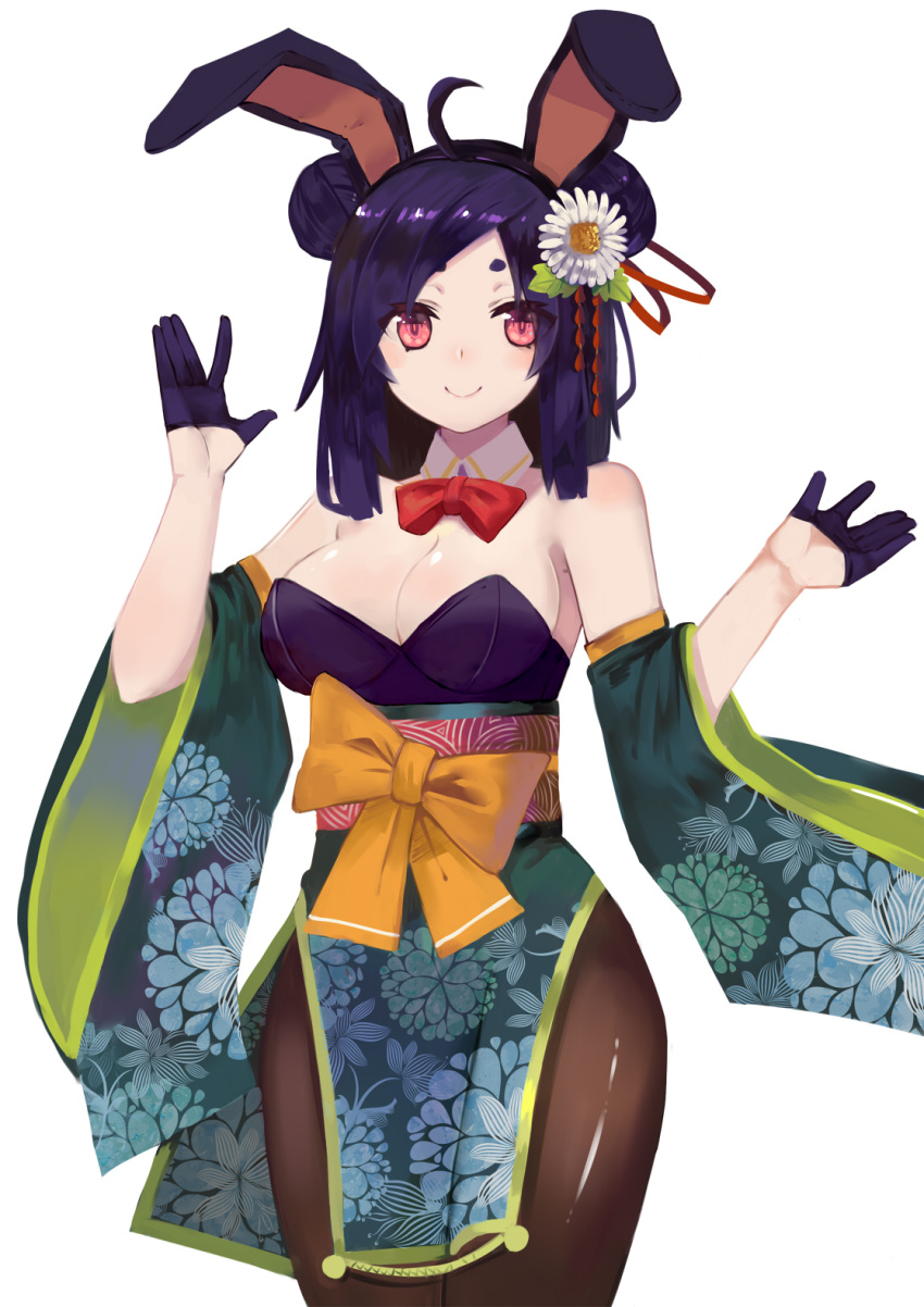1girl, ahoge, animal_ears, bare_shoulders, black_gloves, bow, bowtie, breasts