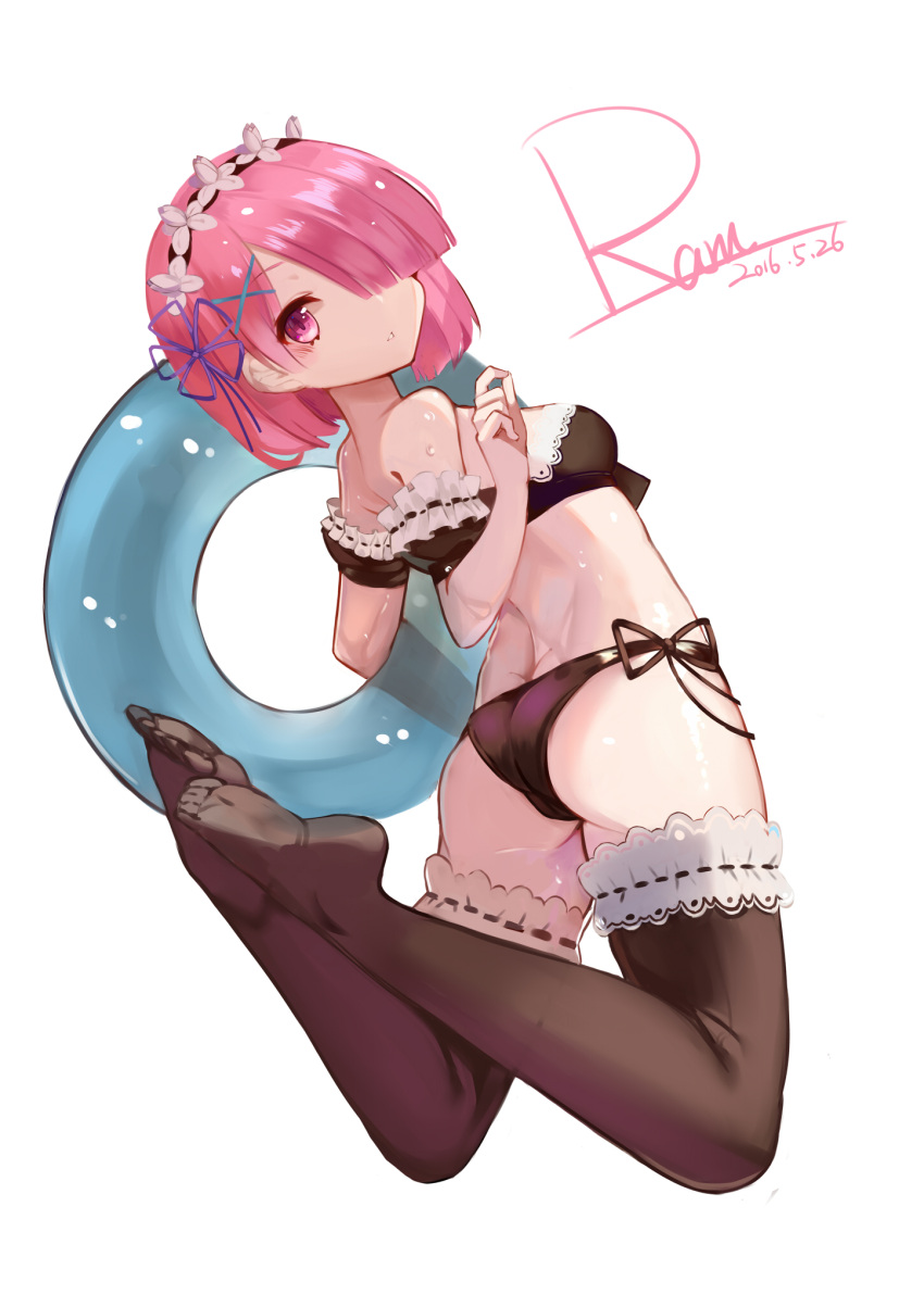 adapted_costume, arm_garter, ass, bikini, black_bikini, black_legwear, character_name, dated, from_behind, hair_over_one_eye, hair_ribbon, headdress, highres, innertube, jumping, lace, lace-trimmed_bikini, lace-trimmed_thighhighs, looking_at_viewer, looking_back, pink_eyes, pink_hair, ram_(re:zero), re:zero_kara_hajimeru_isekai_seikatsu, ribbon, ryuuno6, short_hair, side-tie_bikini, swimsuit, thigh-highs, wet, white_background, x_hair_ornament
