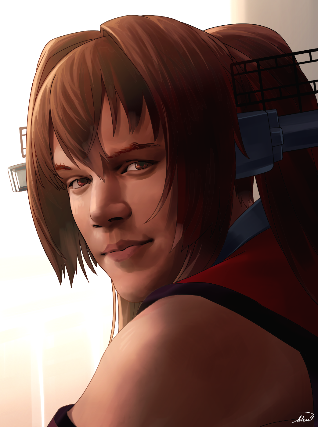 1boy, artist_name, bare_shoulders, blew_andwhite, brown_eyes, brown_hair, closed_mouth, commentary_request, from_behind, hair_intakes, headgear, highres, kantai_collection, lips, long_hair, looking_at_viewer, looking_back, matt_damon, nose, pink_lips, ponytail, smile, upper_body, yamato_(kantai_collection), yamato_(kantai_collection)_(cosplay)