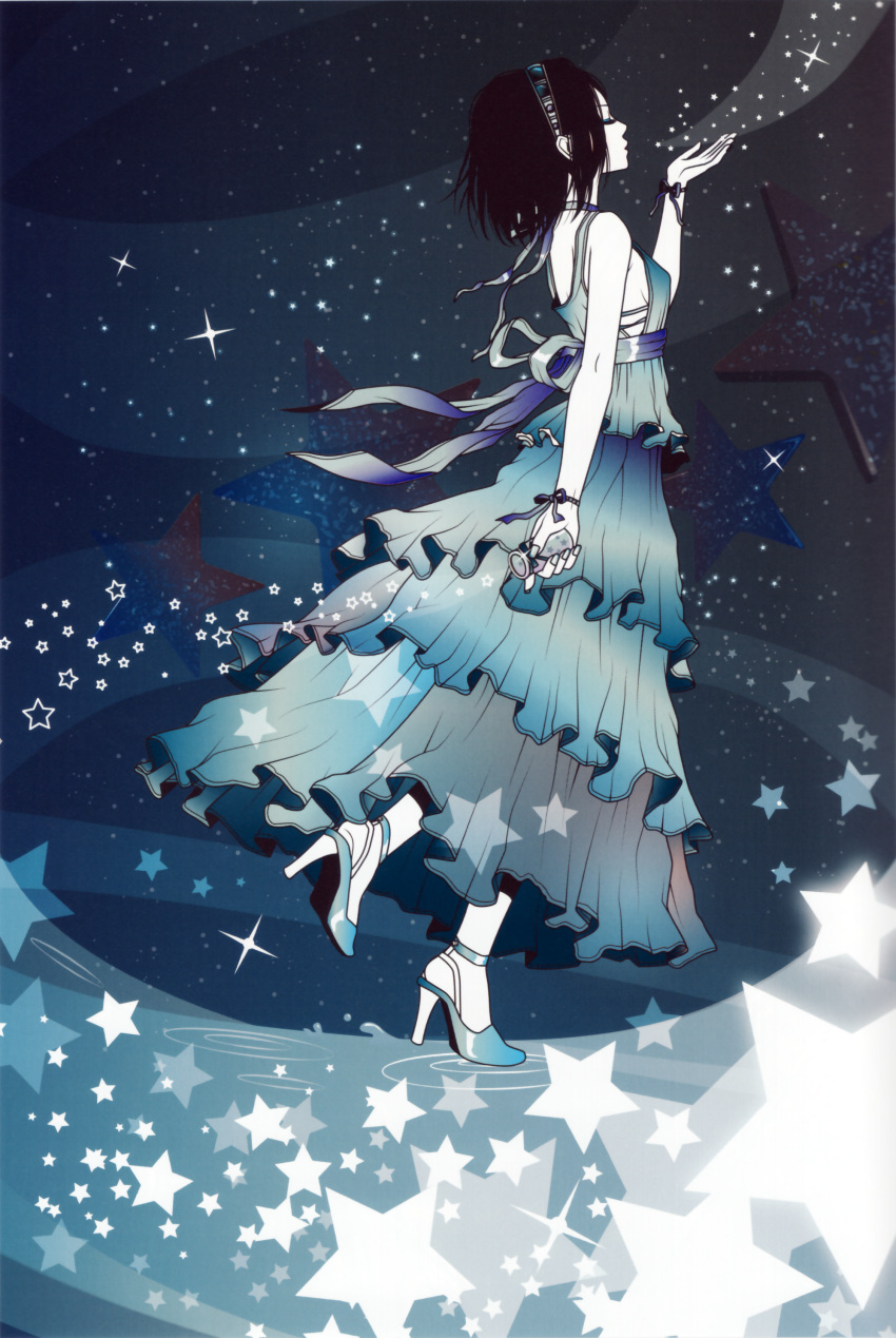 1girl, absurdres, blue_dress, bracelet, choker, closed_eyes, dress, eri_kamijo