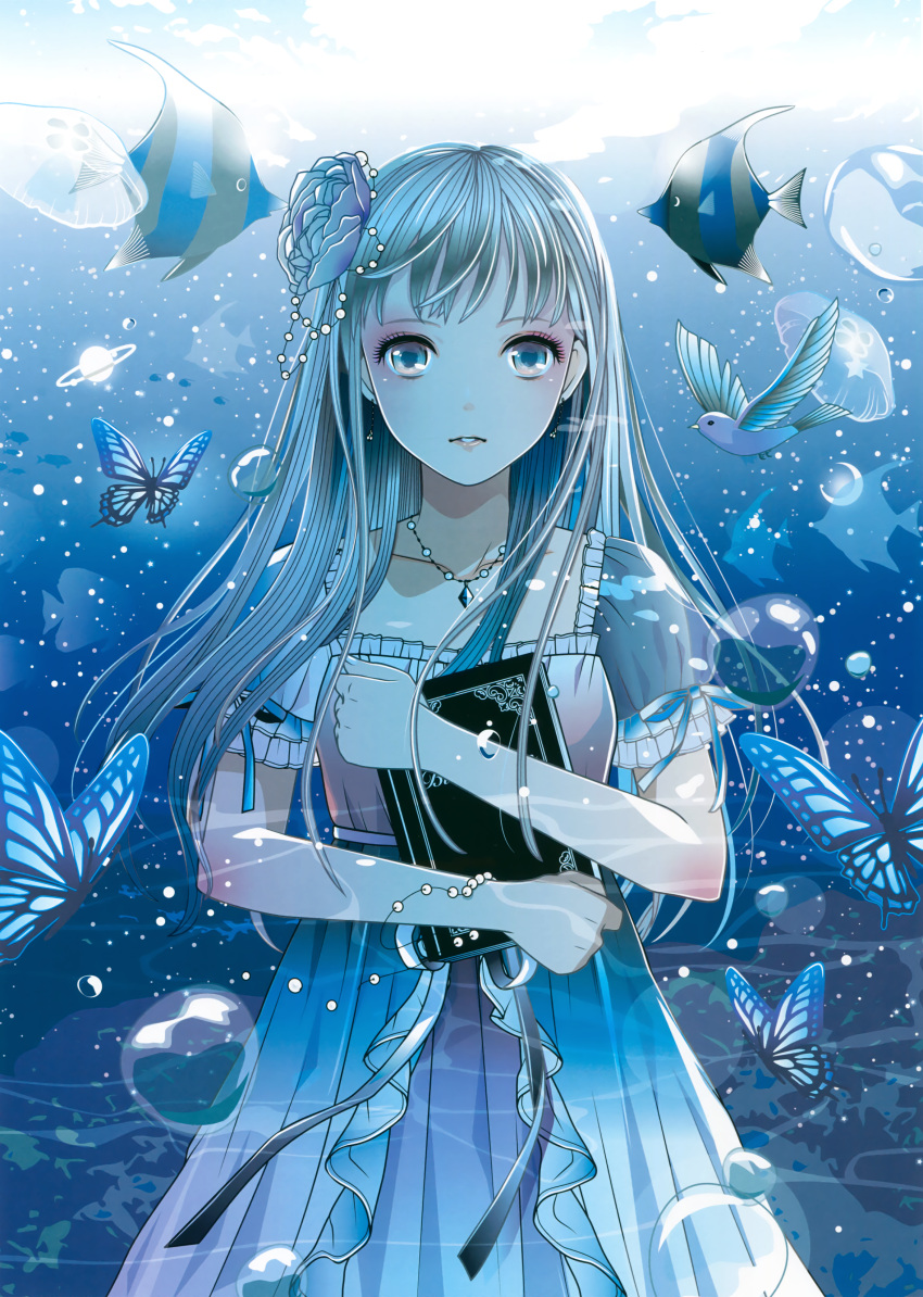 1girl, absurdres, bird, blue_eyes, blue_hair, book, bracelet, butterfly