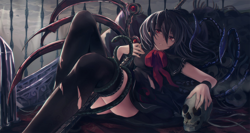 1girl, asymmetrical_wings, black_dress, black_hair, black_legwear, dress, houjuu_nue, lying