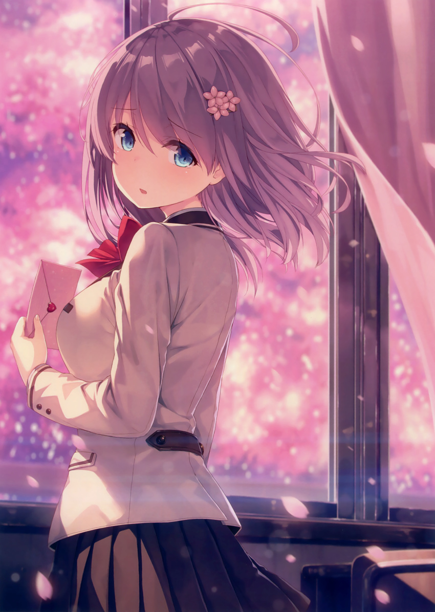 1girl, absurdres, ahoge, blue_eyes, blush, cherry_blossoms, hair_ornament, hairpin