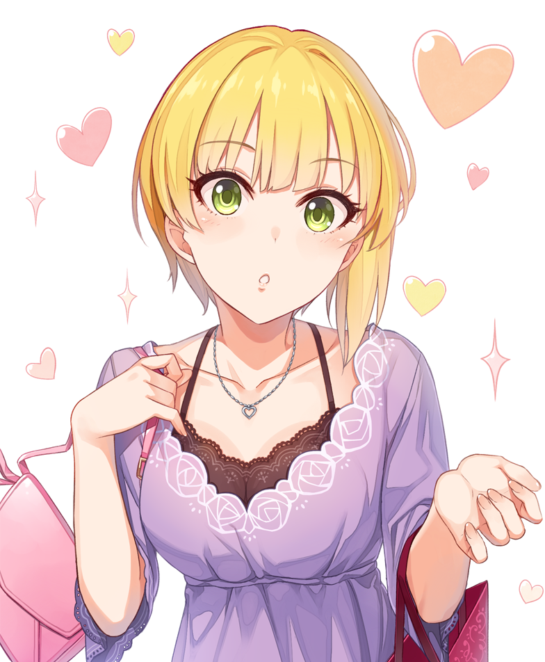1girl, :o, bag, blonde_hair, collarbone, green_eyes, handbag, heart