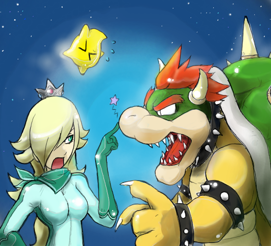 >_<, 1boy, 1girl, angry, arguing, bodysuit, bowser, hankerchief