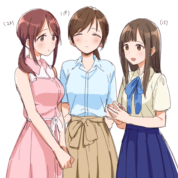 3girls, age_difference, blush, brown_eyes, brown_hair, closed_eyes, idolmaster, idolmaster_cinderella_girls