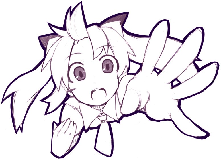 foreshortening, hands, monochrome, necktie, open_mouth, outstretched_arm, outstretched_hand, purple