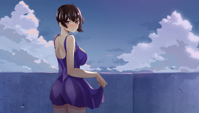 1girl, back, bare_shoulders, blue_dress, blush, breasts, brown_eyes, brown_hair, commentary_request, dress, dress_lift, from_behind, kaga_(kantai_collection), kantai_collection, large_breasts, looking_at_viewer, looking_back, open_mouth, sanku, side_ponytail, sleeveless, sleeveless_dress, solo