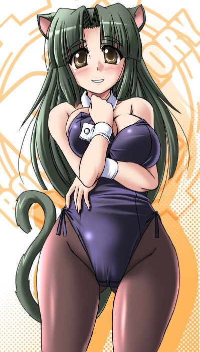 blush, breast_squeeze, breasts, brown_eyes, cat_ears, cat_tail, catsuit, collar