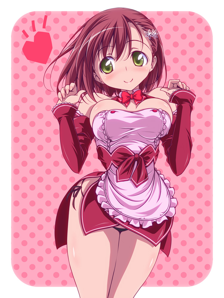 1girl, apron, bangs, bare_shoulders, black_panties, blush, bow, breasts