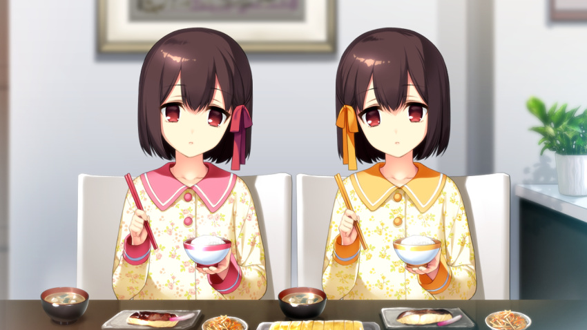 2girls, akeiro_kaikitan, bob_cut, bowl, brown_hair, chair, chopsticks, collarbone