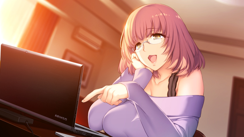 1girl, air_conditioner, akeiro_kaikitan, arm_support, bra_strap, breasts, brown_eyes, chair