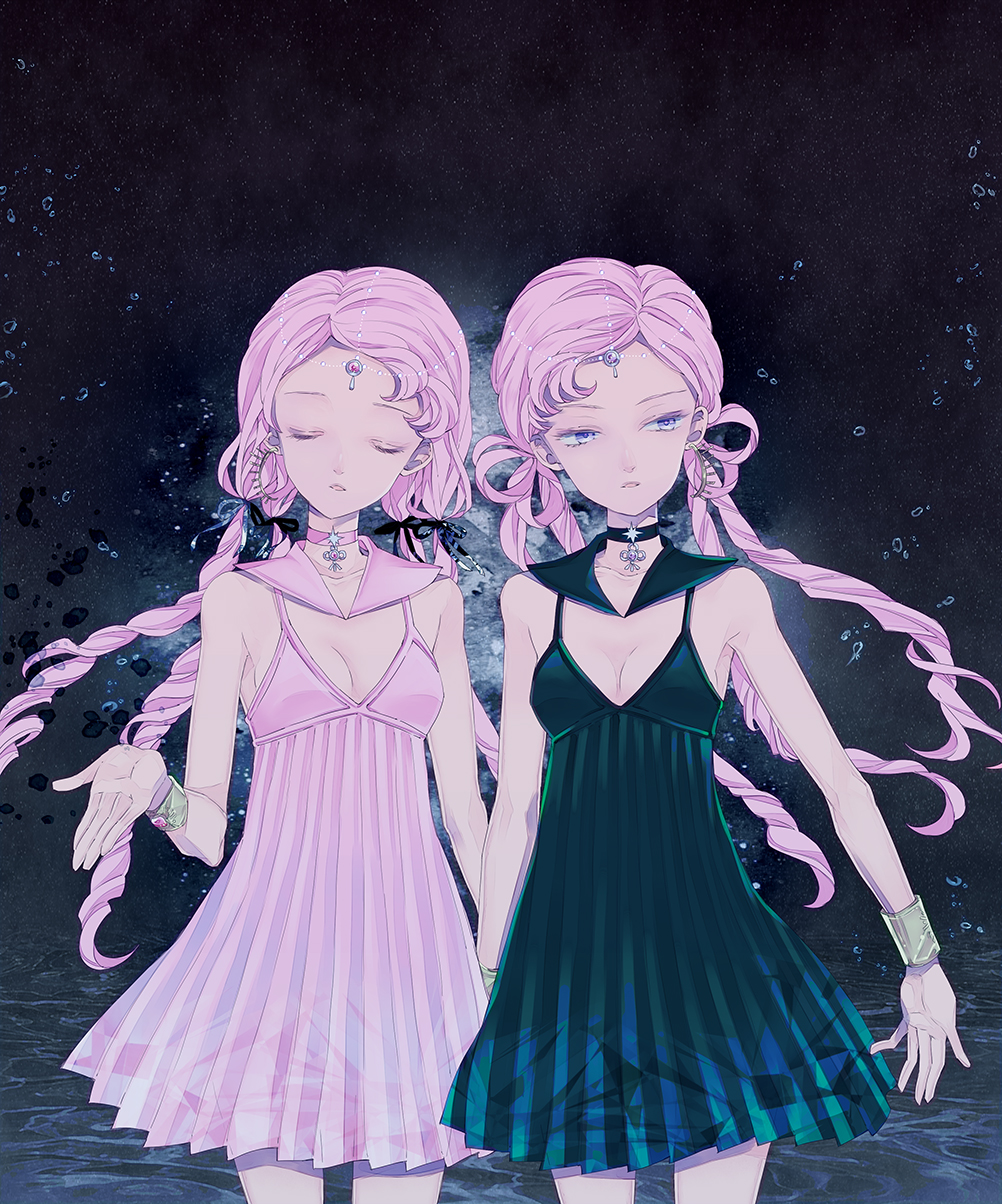 2girls, bishoujo_senshi_sailor_moon, black_bow, bow, bracelet, choker, closed_eyes, cowboy_shot