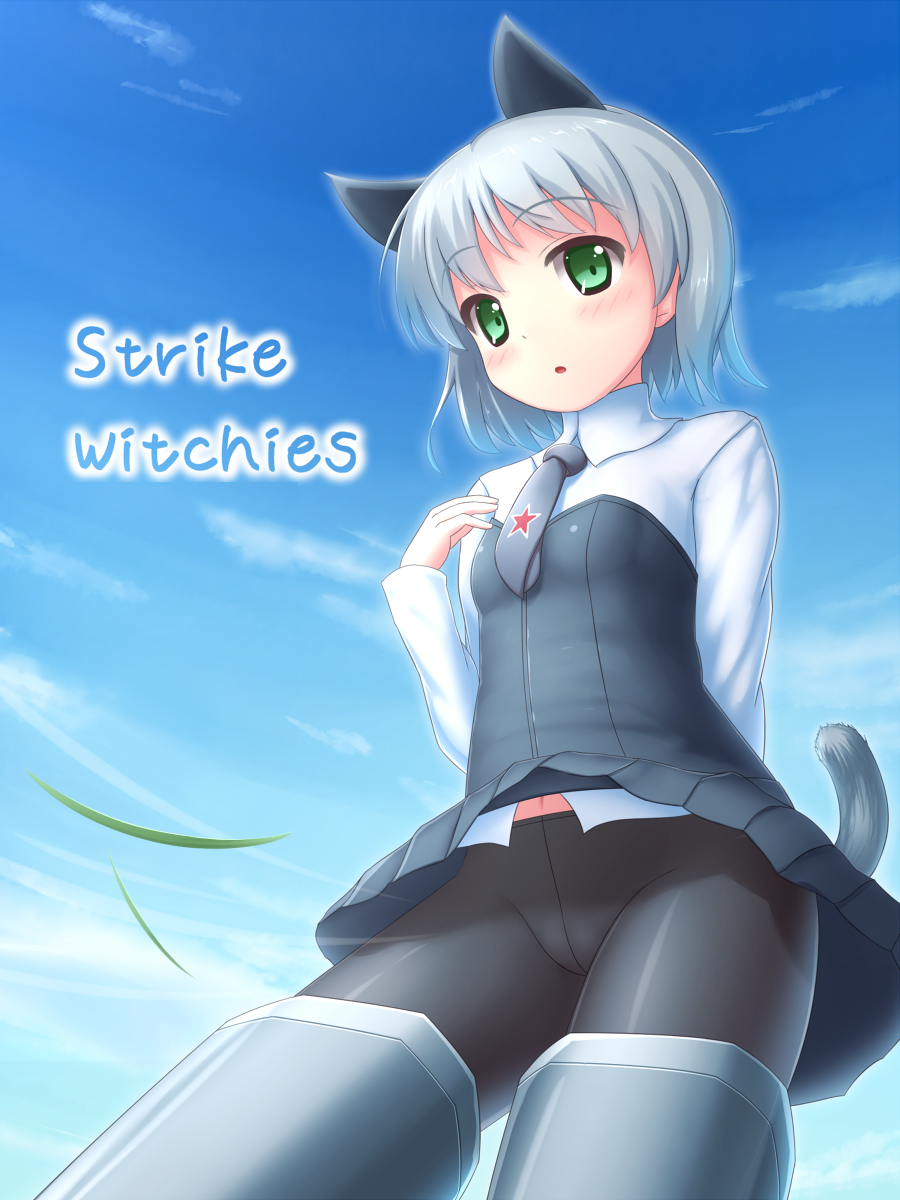 :o, animal_ears, armor, armored_boots, black_legwear, black_necktie, blue_sky, boots
