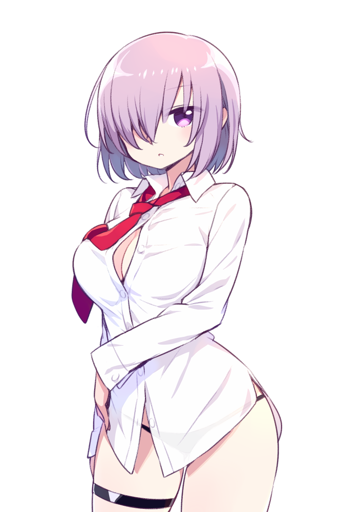 1girl, black_panties, blush, breasts, chan_co, dress_shirt, fate/grand_order, fate_(series), hair_over_one_eye, looking_at_viewer, necktie, no_pants, panties, purple_hair, red_necktie, removed, shielder_(fate/grand_order), shirt, short_hair, simple_background, solo, thigh_strap, underwear, violet_eyes, white_background, white_shirt