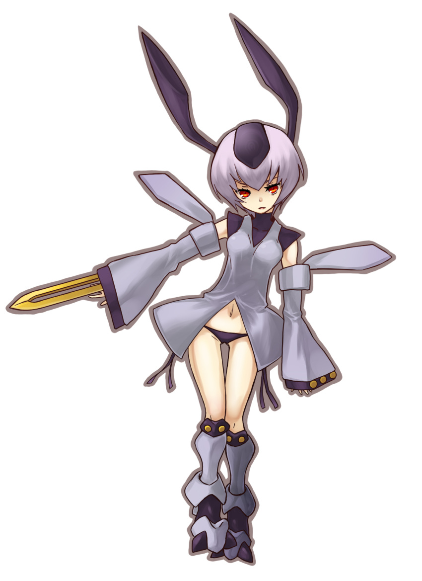 boots, genderswap, highres, mecha_musume, medabots, medarots, panties, purple_hair, red_eyes, rokusho_(medabots), rokusho_(medarots), side-tie_panties, sword, underwear, weapon